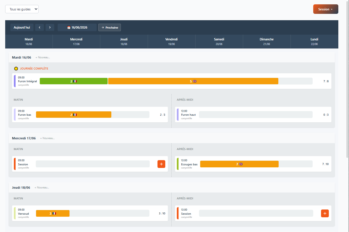 Planning de réservation et disponibilités RésaOutdoor, vue calendrier