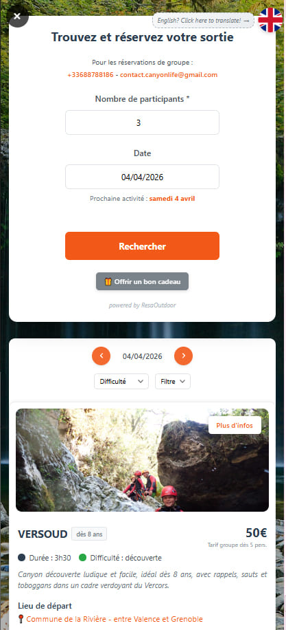 Parcours client mobile RésaOutdoor, module de réservation en ligne