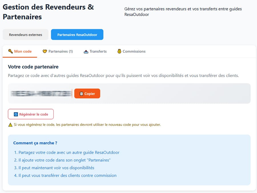 Partenariats entre guides avec RésaOutdoor, revente et suivi clair des comptes