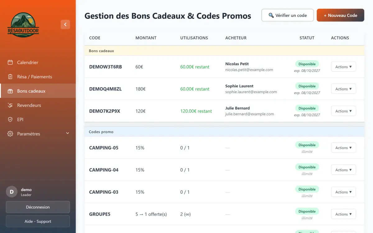 Bons cadeaux et codes promo RésaOutdoor pour les activités outdoor