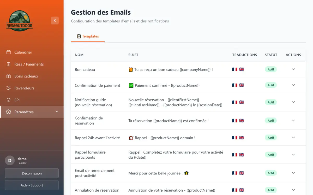 E-mails automatiques RésaOutdoor : confirmation, rappel et remerciement après une activité outdoor