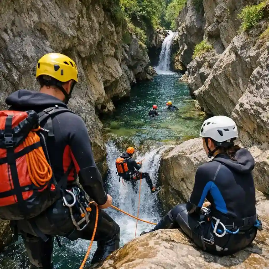 Groupe en canyoning : descente en rappel dans une cascade, casques et combinaisons néoprène, au cœur d'une gorge calcaire