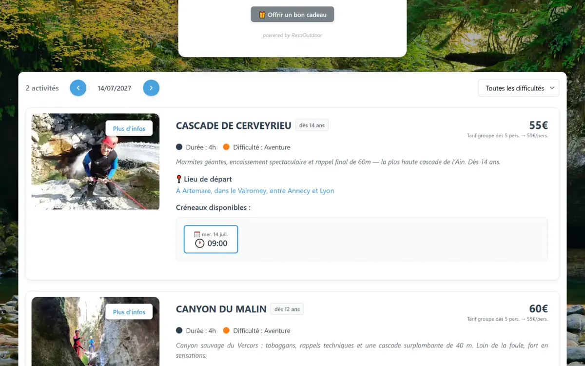 Module de réservation en ligne RésaOutdoor : activités de plein air disponibles à la date choisie