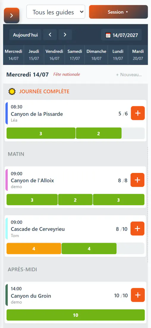Planning des guides RésaOutdoor sur téléphone : sessions et participants de la journée